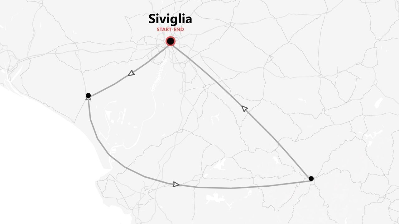 Mappa stilizzata che mostra un itinerario di viaggio che inizia e finisce a Siviglia, con un percorso circolare segnato da linee e frecce.