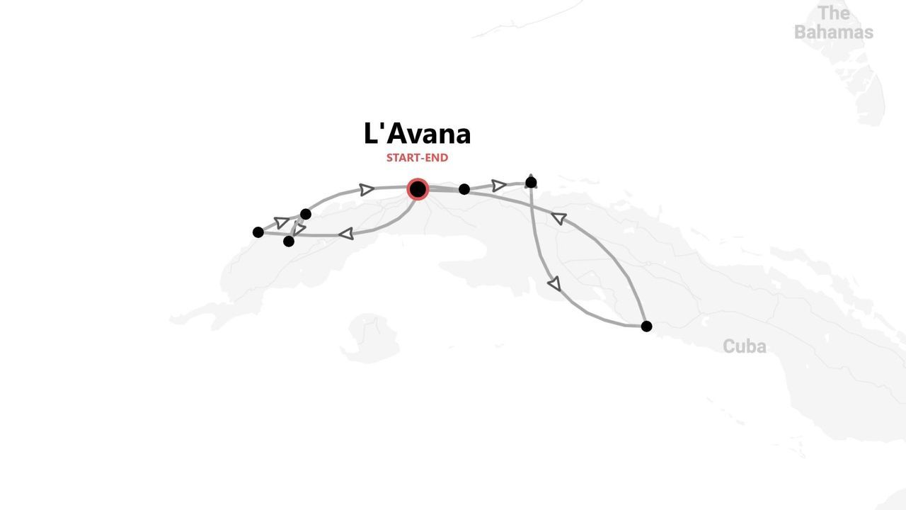 Una mappa di Cuba che illustra un itinerario di viaggio con partenza e arrivo a L'Avana, il cui percorso è evidenziato da una linea ad anello e punti.