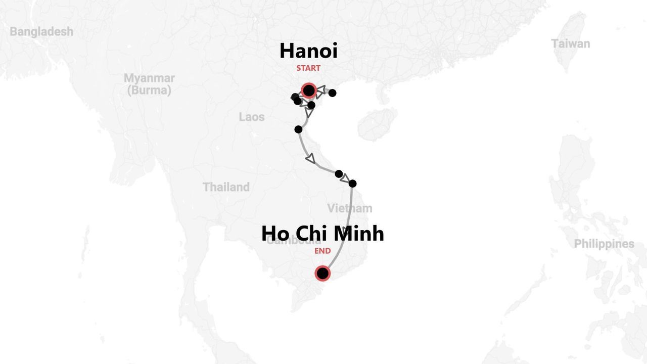 Une carte montrant un itinéraire de voyage à travers le Vietnam, de Hanoï à Hô Chi Minh-Ville.
