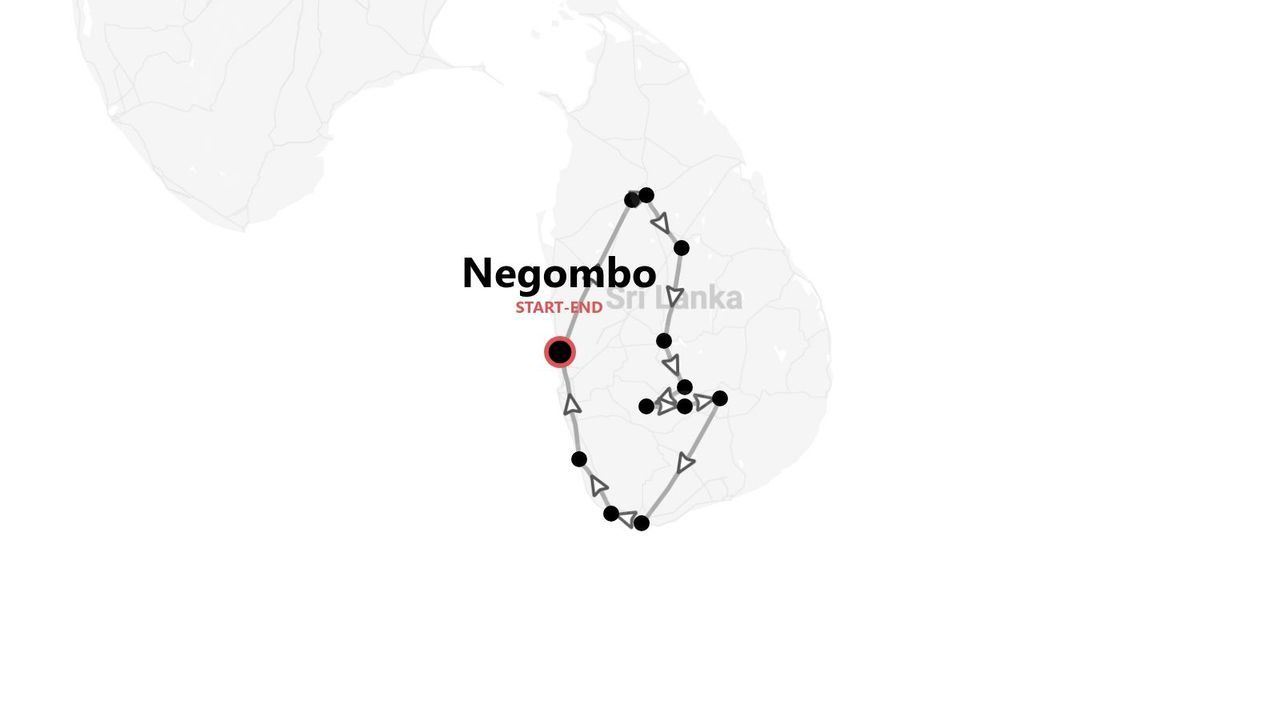 Mappa di un itinerario di viaggio attraverso lo Sri Lanka, con percorso che inizia e finisce a Negombo.