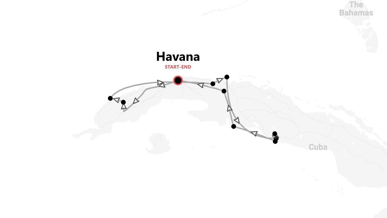 Mappa di Cuba con itinerario di viaggio con partenza e arrivo all'Avana, percorso indicato da linea e frecce.