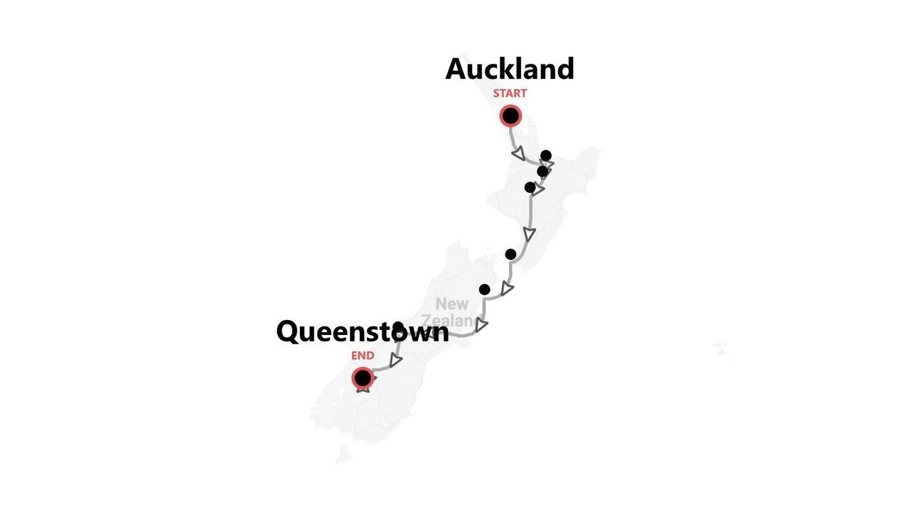 Eine Karte von Neuseeland, die eine Reiseroute mit Stopps zeigt, beginnend in Auckland und endend in Queenstown.