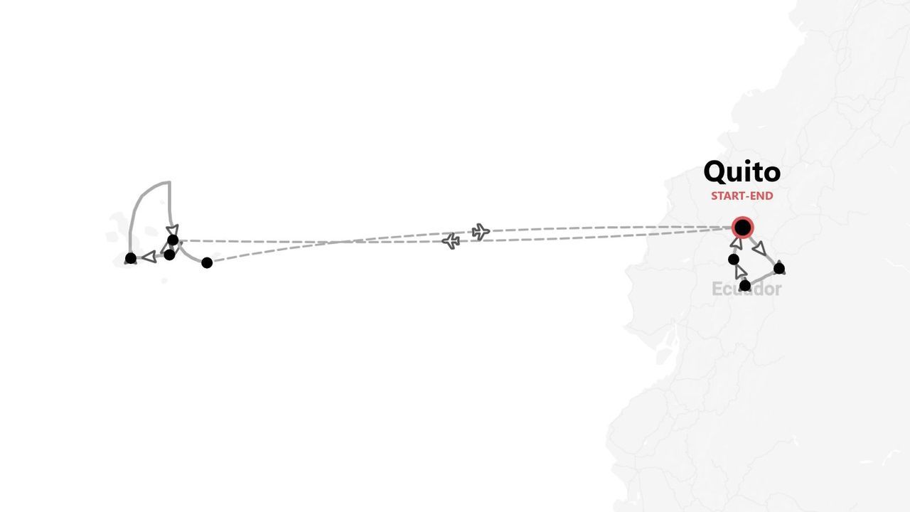 Eine Karte zeigt eine Reiseroute, die in Quito, Ecuador, beginnt und endet, mit Flügen zu einem westlichen Archipel.