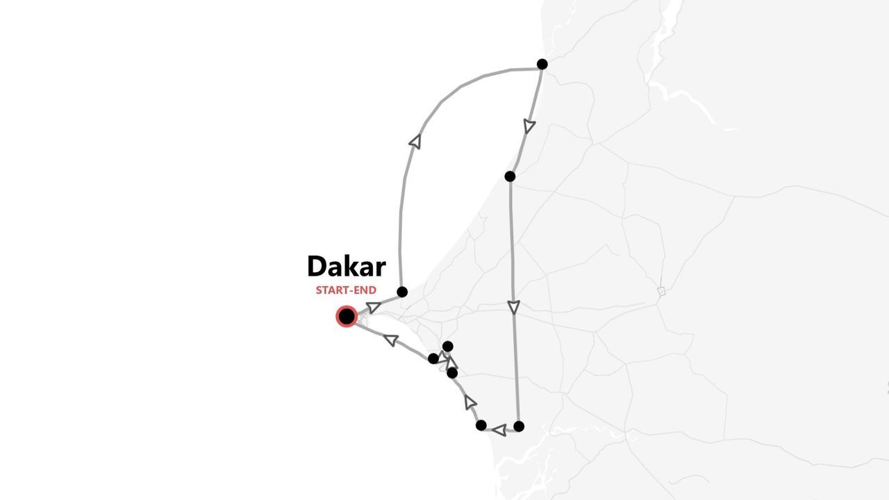 Mapa minimalista de un itinerario de viaje con origen y destino en Dakar, señalizado con línea, puntos y flechas.