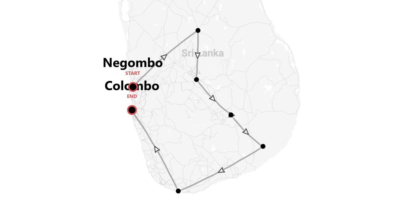Mappa dello Sri Lanka con itinerario turistico da Negombo a Colombo