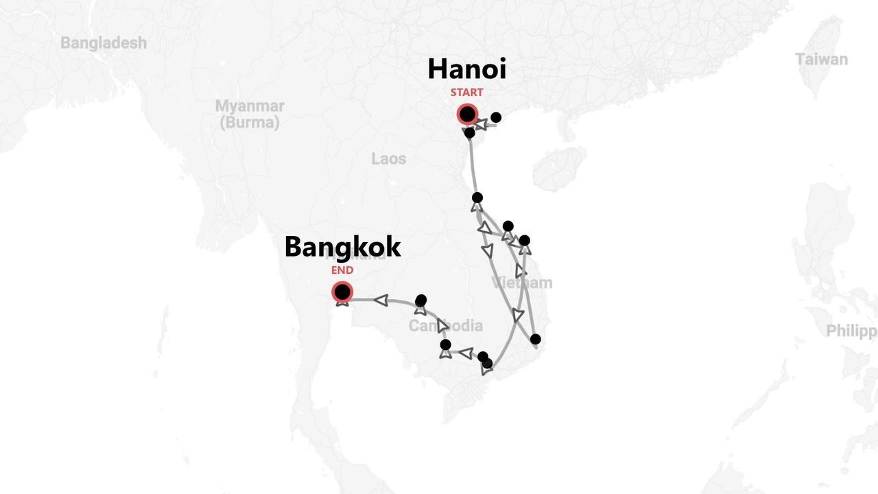 A map showing a travel itinerary starting in Hanoi, Vietnam, passing through Cambodia, and ending in Bangkok, Thailand.