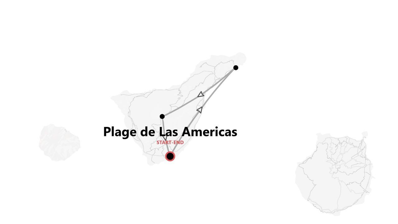 Une carte illustrant un itinéraire de voyage sur une île, qui commence et se termine à la Plage de Las Américas.