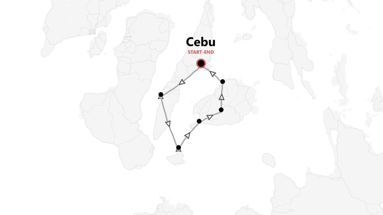 Mappa minimalista di un itinerario di viaggio con partenza e arrivo a Cebu, Filippine.