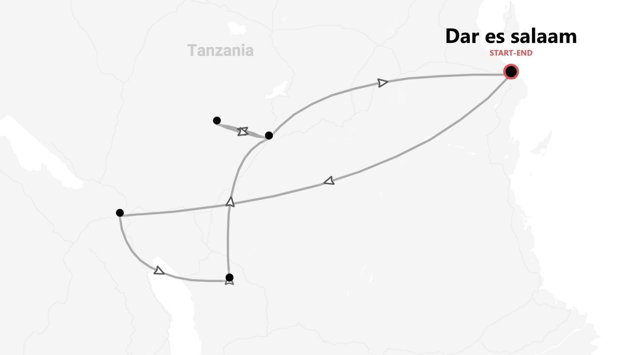 Mappa stilizzata di un itinerario di viaggio in Tanzania, con partenza e arrivo a Dar es Salaam.