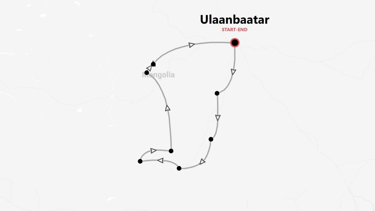 Eine Karte, die eine Reiseroute durch die Mongolei zeigt, mit Start und Ziel in Ulaanbaatar.