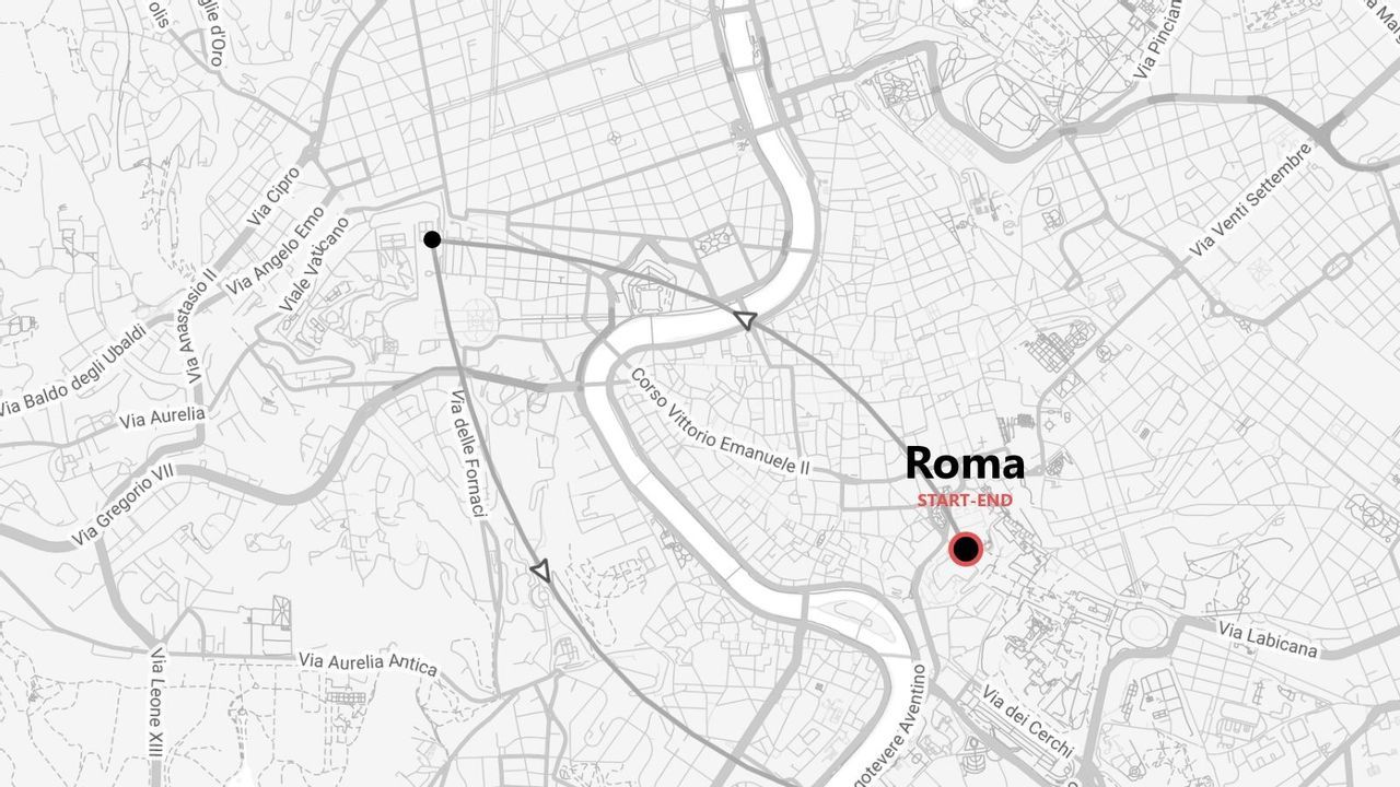 Un mapa en escala de grises de Roma, Italia, que muestra un itinerario de viaje con un punto de inicio y fin designados.