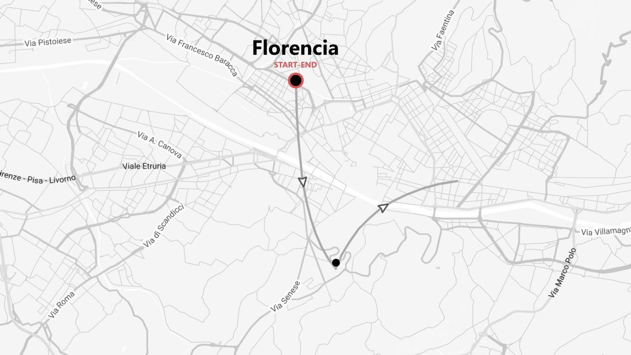 Un mapa en escala de grises de Florencia mostrando un itinerario de viaje circular con un punto de inicio y fin marcados.