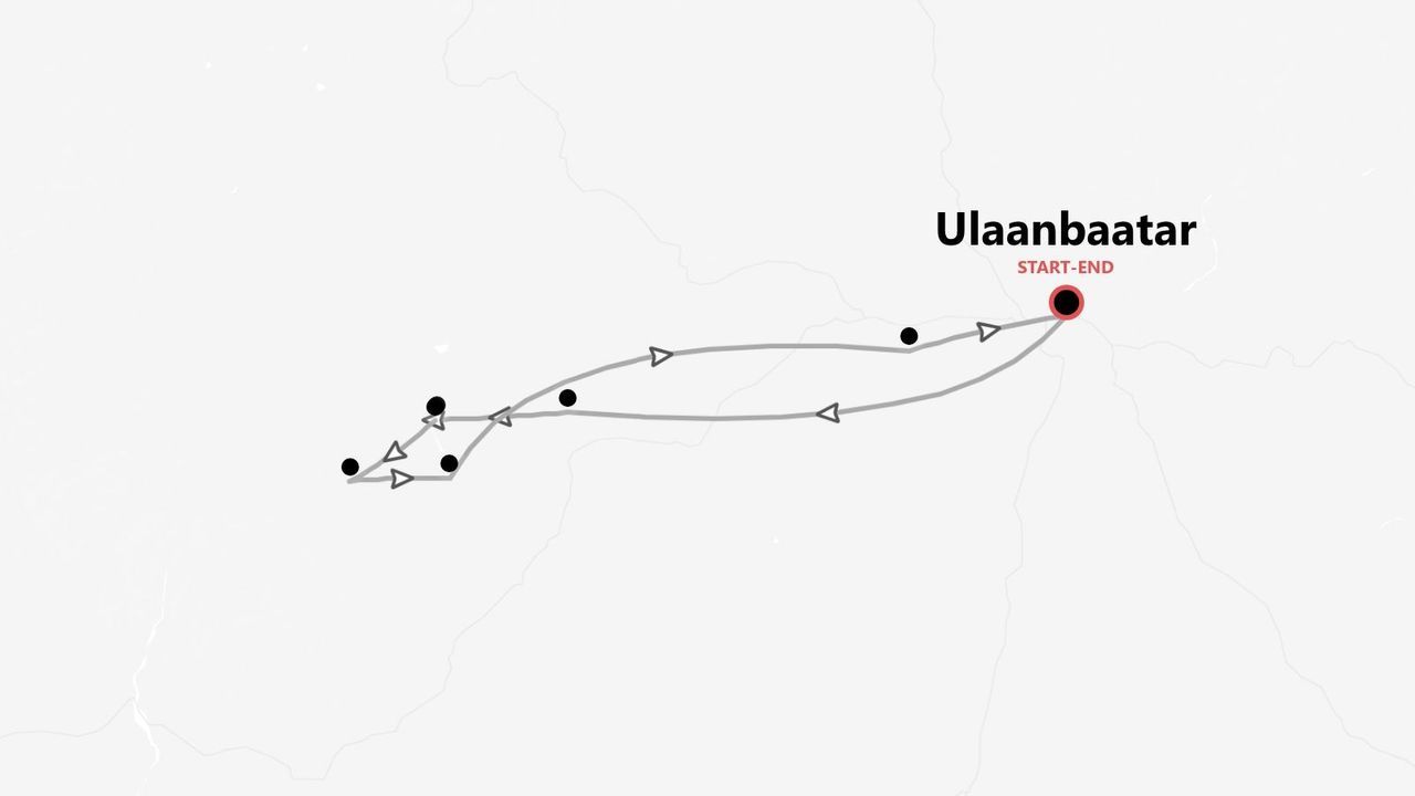 Eine minimalistische Karte einer Rundreise mit markierter Route (Linie und Punkte), Start und Ziel in Ulaanbaatar.