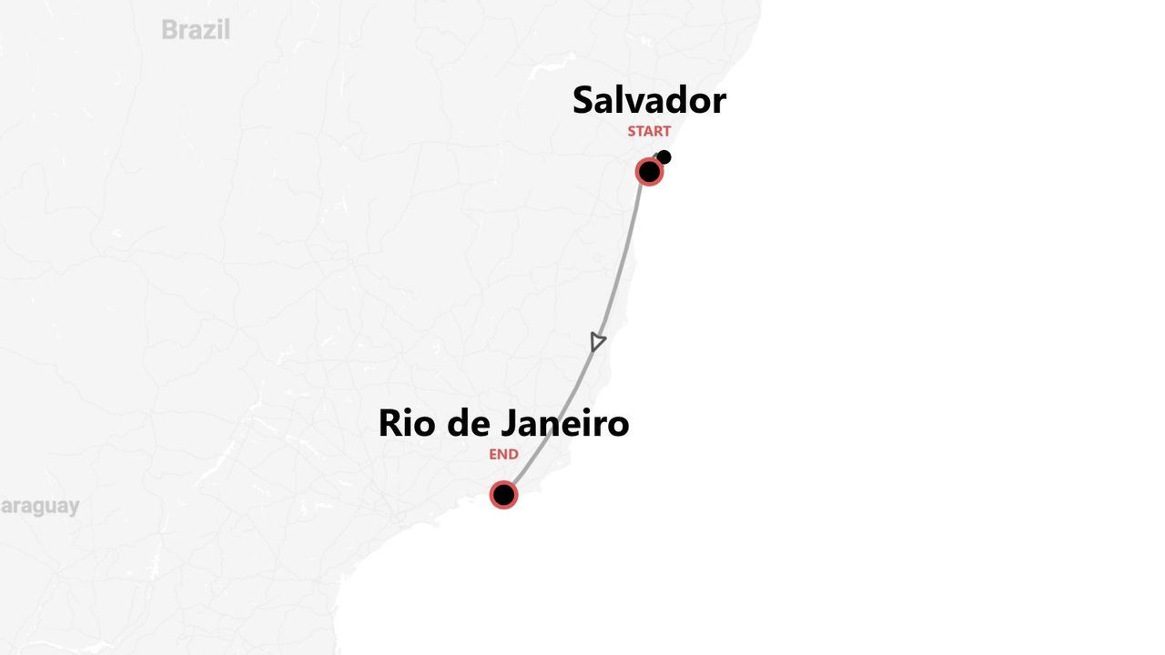 Une carte d'un itinéraire de voyage au Brésil, avec un point de départ à Salvador et un point d'arrivée à Rio de Janeiro.