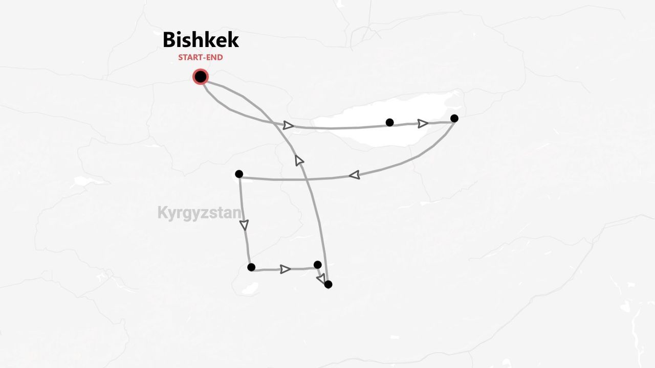 Una mappa che mostra un itinerario di viaggio attraverso il Kirghizistan, con partenza e arrivo nella capitale Bishkek.