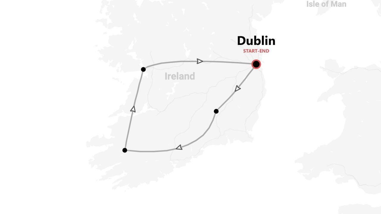Eine Karte Irlands, die eine Rundreise-Route darstellt, welche in Dublin beginnt und endet.