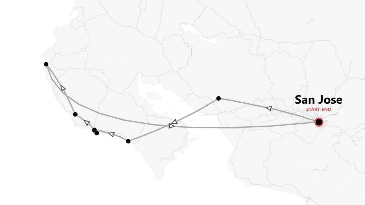 Una mappa che mostra un itinerario di viaggio che inizia e finisce a San Jose, con il percorso segnato da linee e punti.