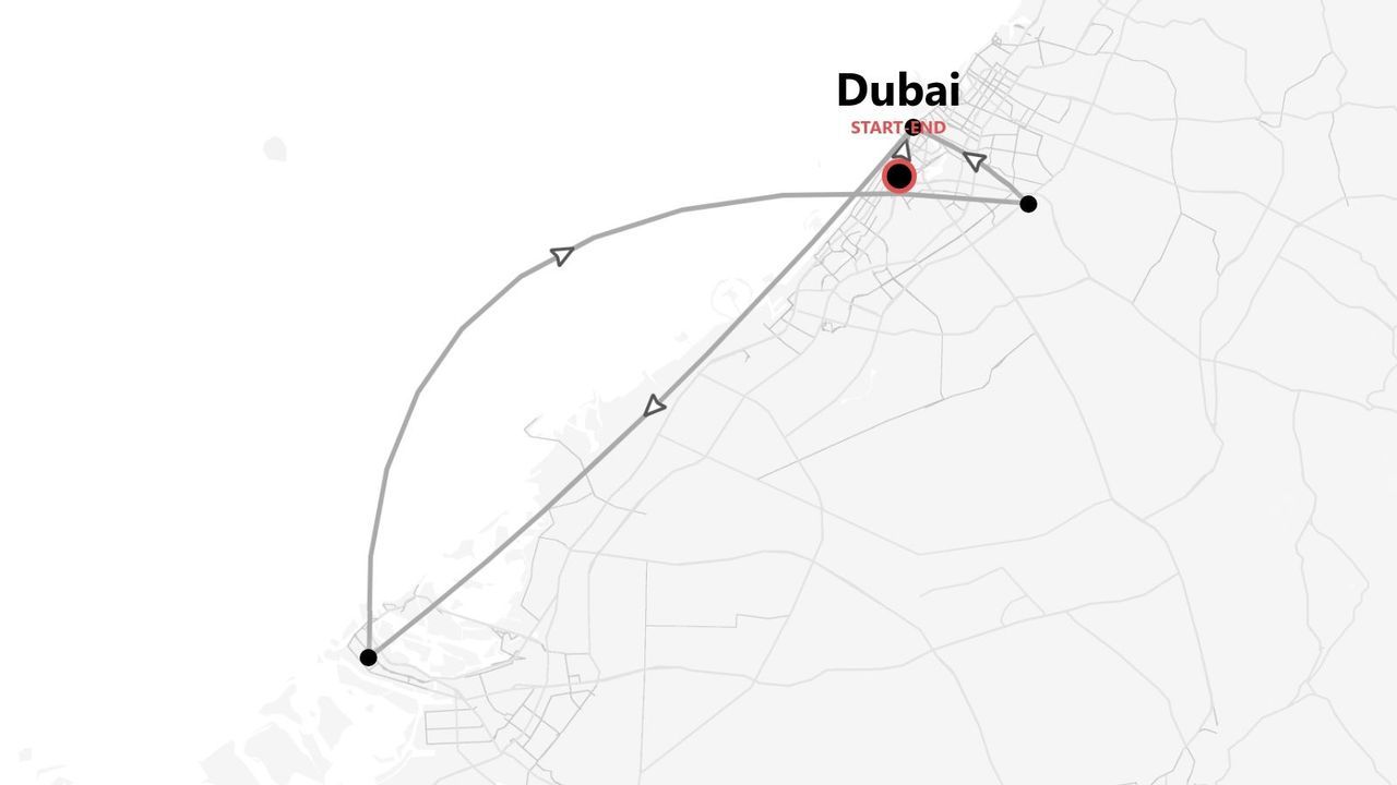 Una mappa minimalista che mostra un itinerario di viaggio con partenza e arrivo a Dubai.