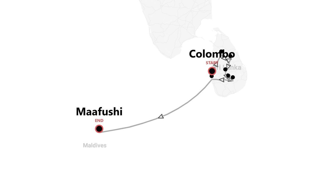 Un mapa que muestra un itinerario de viaje que comienza en Colombo, Sri Lanka, y termina en Maafushi, Maldivas, con varias paradas en el camino.