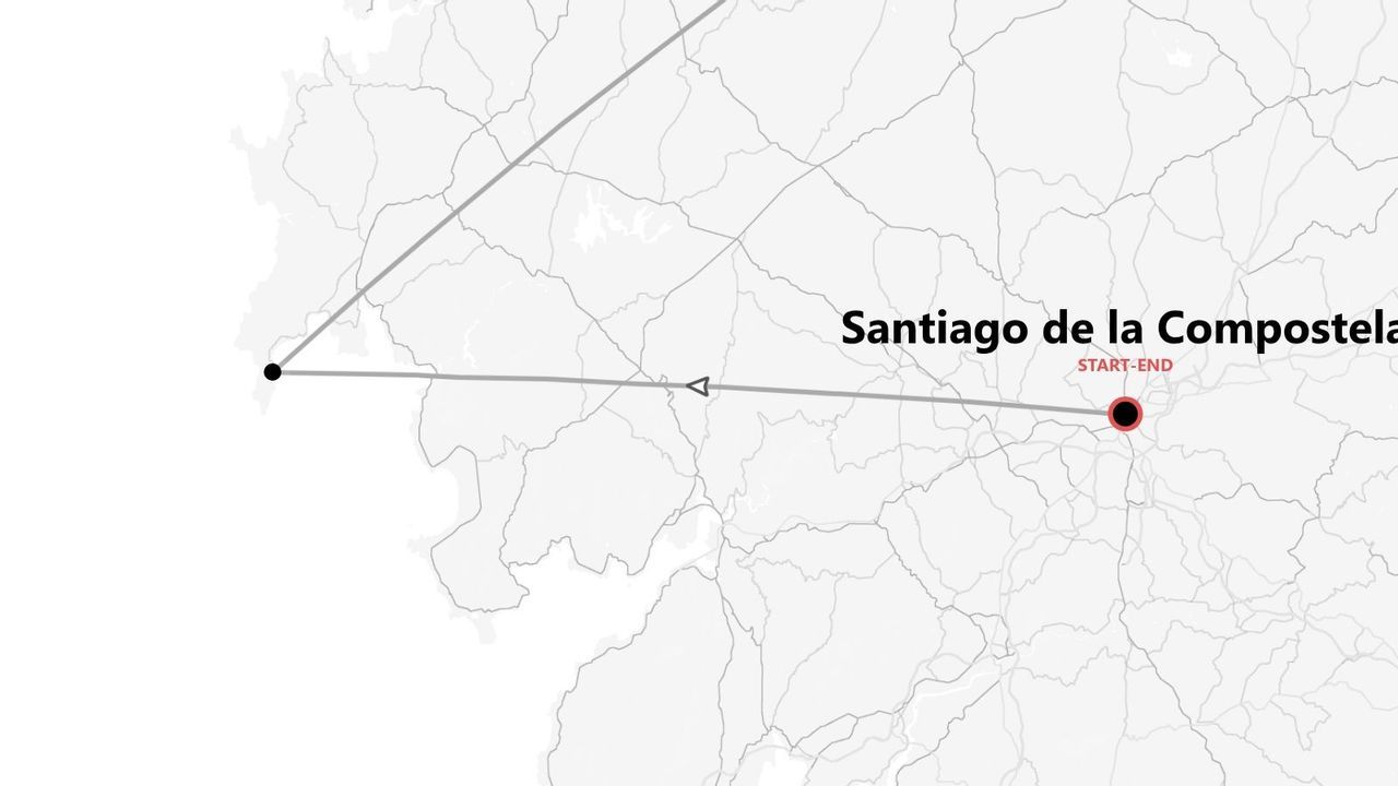 Mapa minimalista de una ruta de viaje con Santiago de la Compostela como punto de inicio y fin.