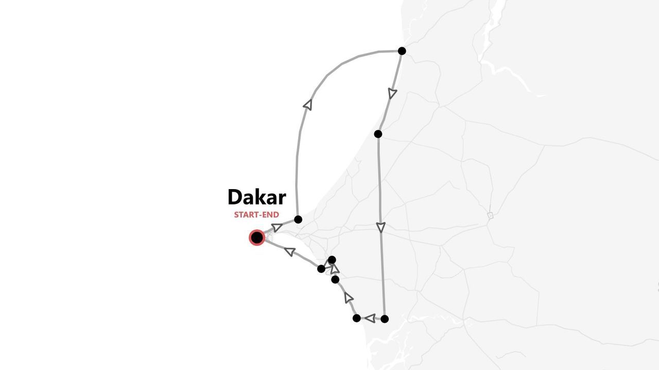 Un mapa minimalista que muestra un itinerario de viaje circular con varias paradas, comenzando y terminando en Dakar.