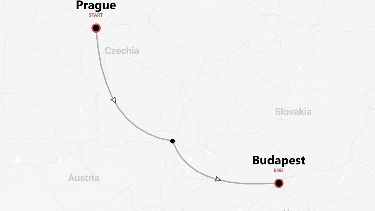 Une carte montrant un itinéraire de voyage partant de Prague, en Tchéquie, et se terminant à Budapest, en passant par l'Autriche et la Slovaquie.