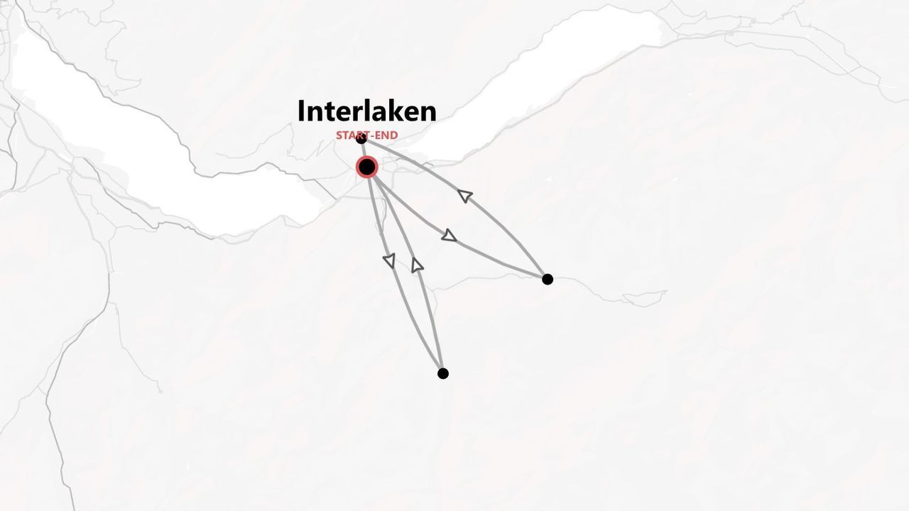 Carte simplifiée d'un itinéraire de voyage avec Interlaken comme point de départ et d'arrivée.