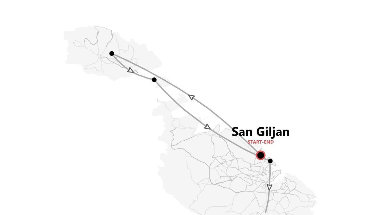 Carte d'itinéraire de voyage à Malte, avec départ et arrivée à San Giljan.