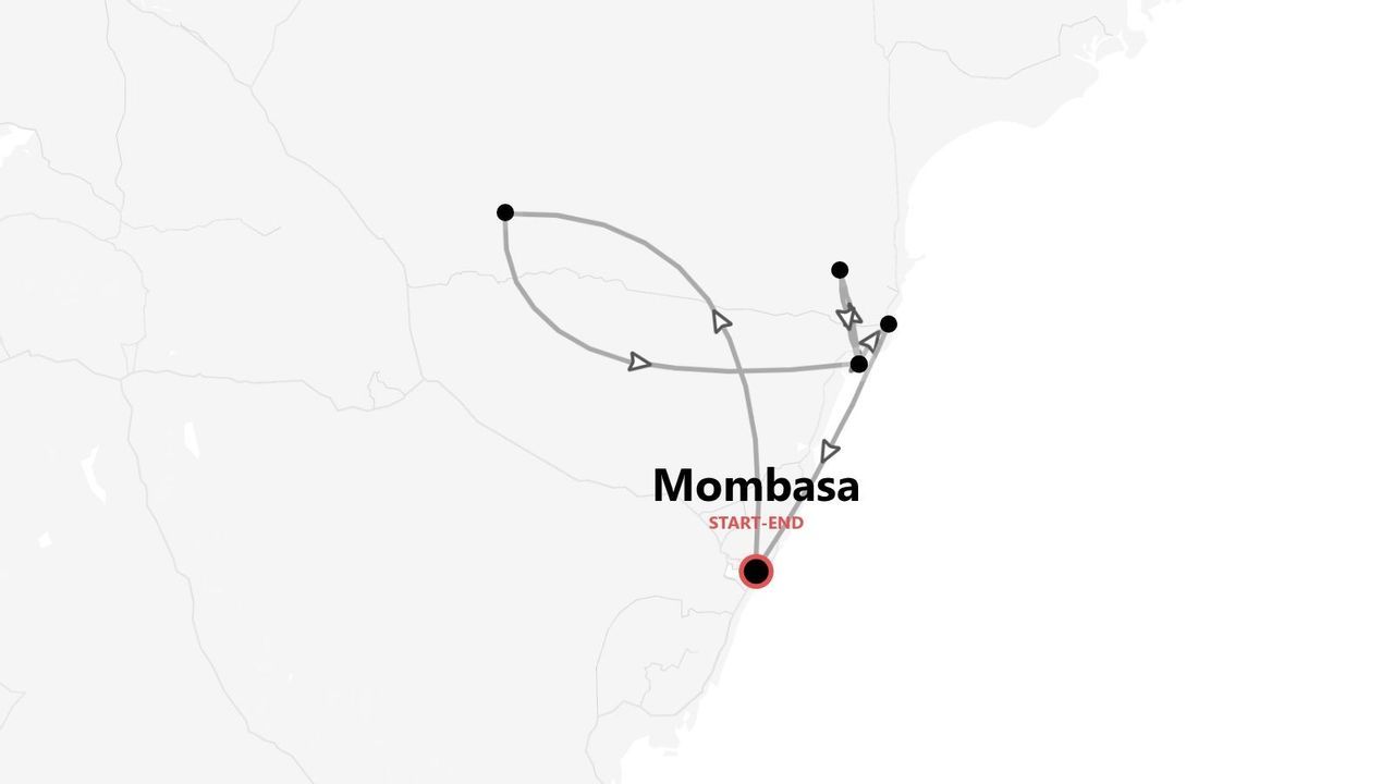 Une carte stylisée montrant un itinéraire de voyage avec plusieurs arrêts qui commence et se termine à Mombasa.