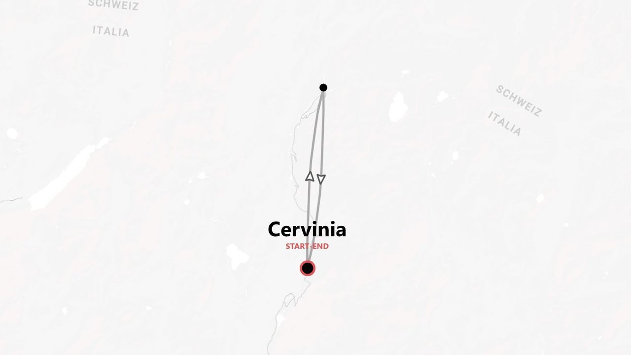 A map showing a trail route starting and ending in Cervinia, on the border between Italy and Switzerland (Schweiz).