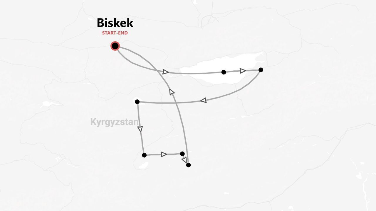Un mapa de Kirguistán con un itinerario de viaje que empieza y termina en la ciudad de Biskek, con la ruta marcada por líneas y puntos.