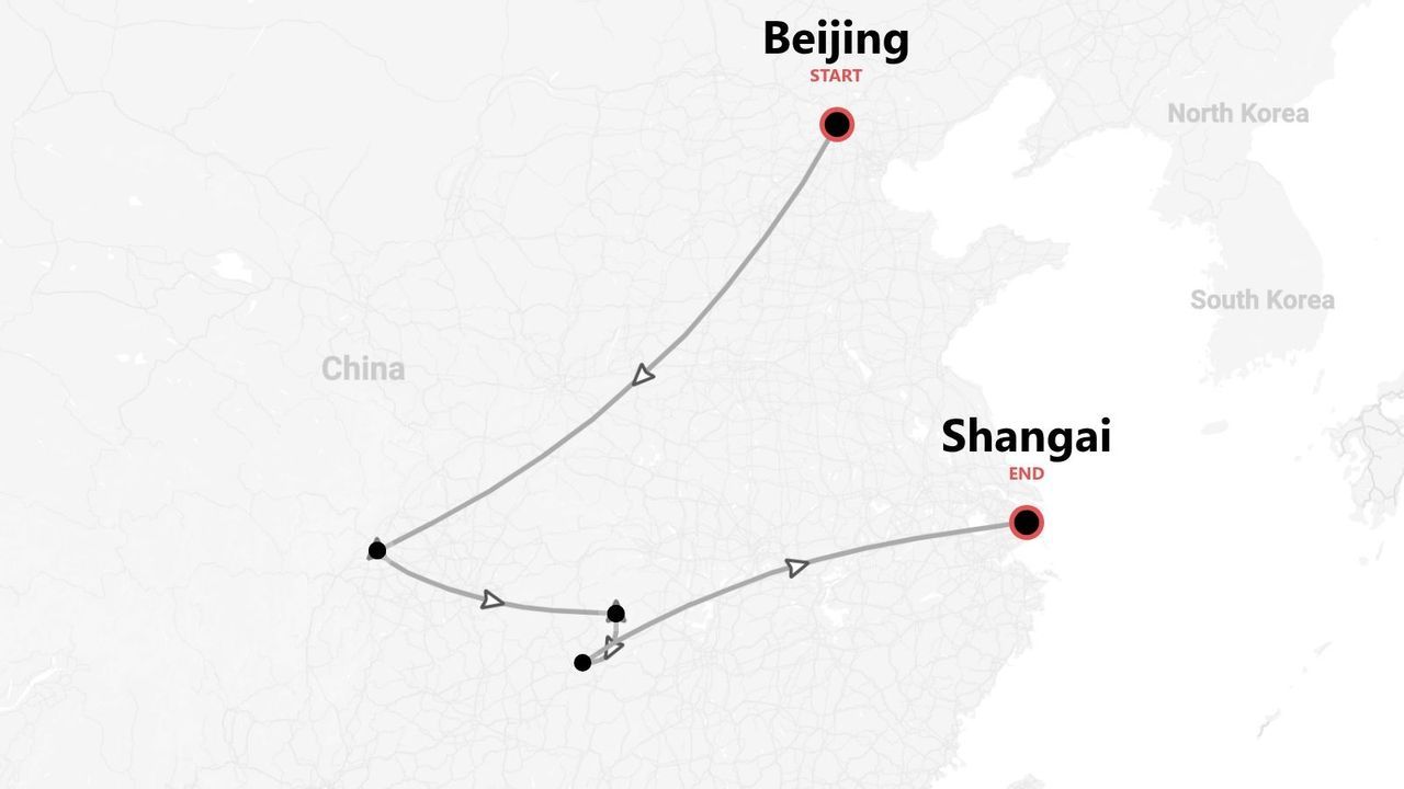 Mappa di un itinerario di viaggio attraverso la Cina, con inizio a Pechino e fine a Shanghai.