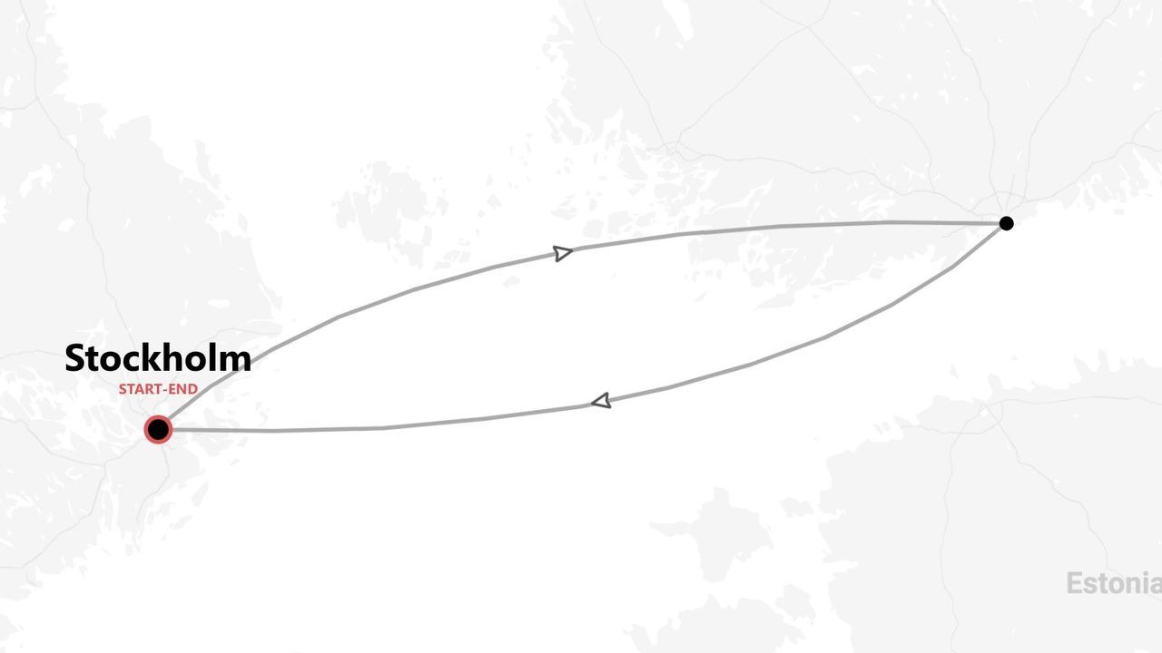 Una mappa minimalista che illustra un itinerario di viaggio di andata e ritorno con partenza e arrivo a Stoccolma, e il percorso che si estende verso l'Estonia.