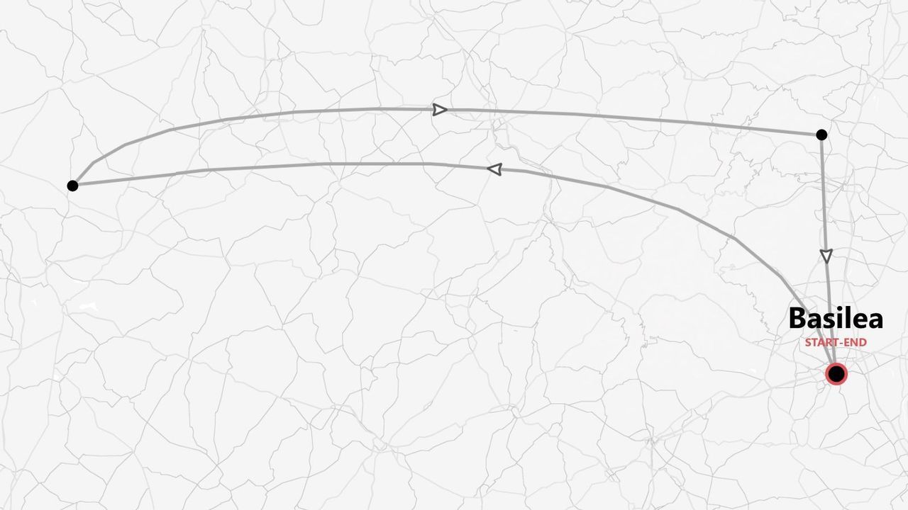 Mapa de recorrido circular con salida y llegada en Basilea.