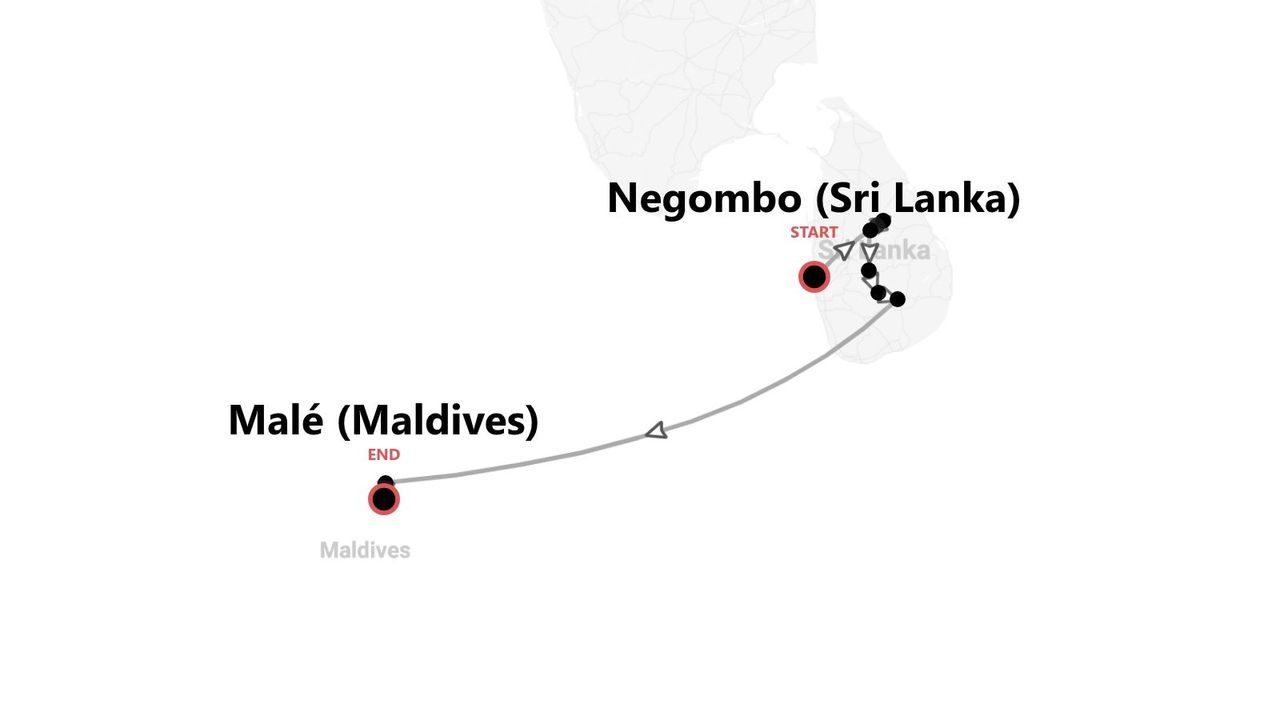 Carte d'un parcours de voyage de Negombo (Sri Lanka) à Malé (Maldives), avec escales.