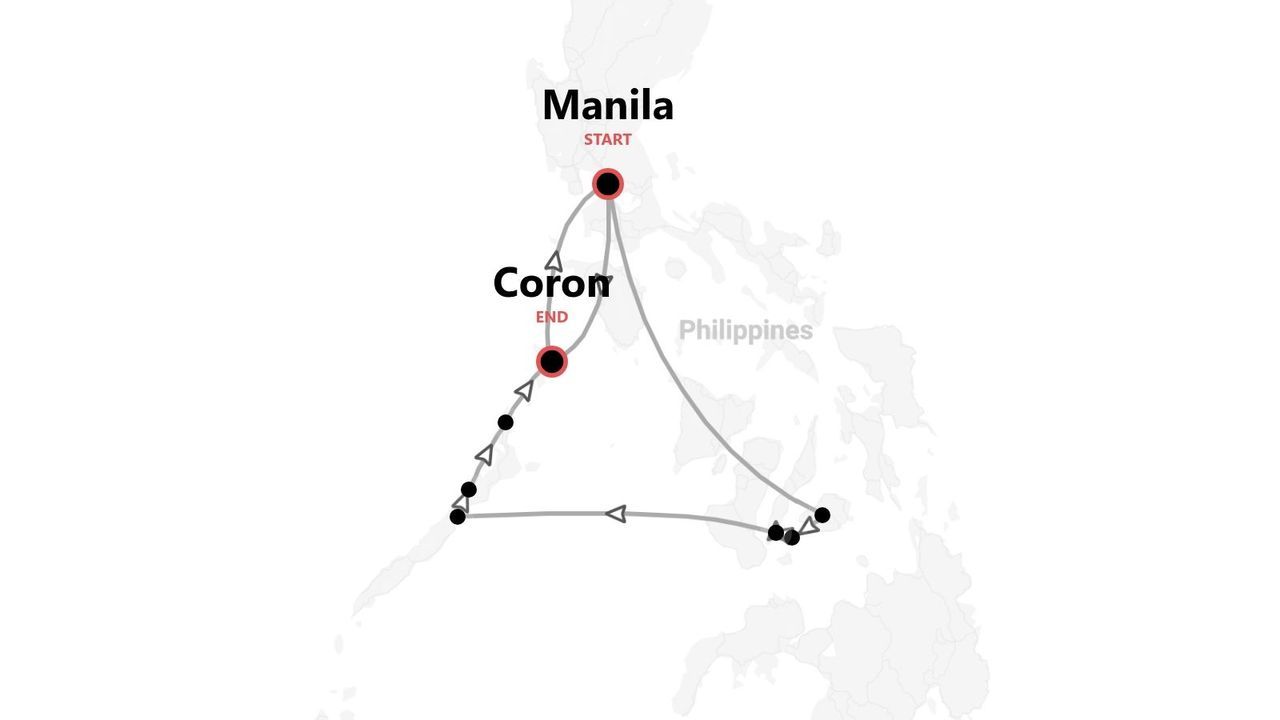 A map of the Philippines showing a tour itinerary that starts in Manila and ends in Coron, with the route marked by a line.