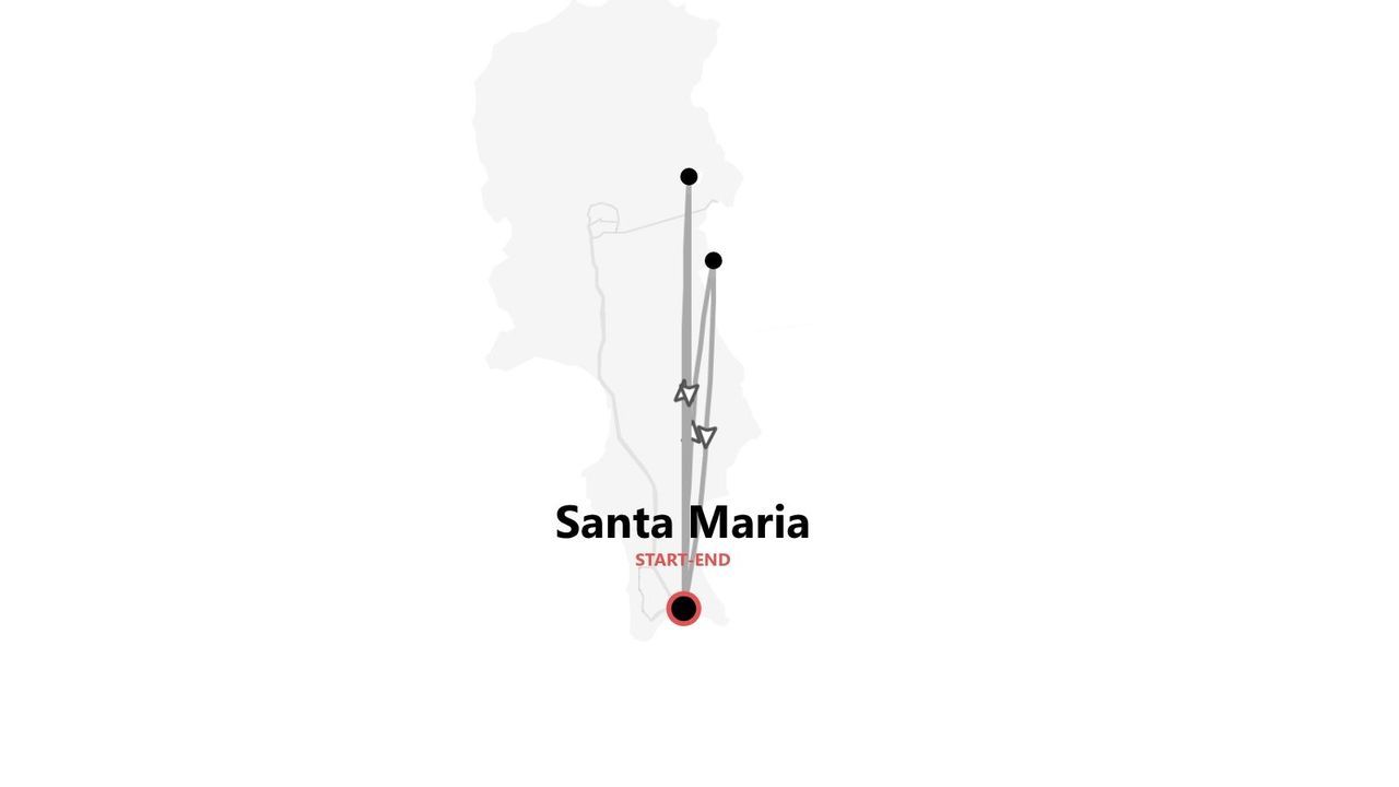 Mappa minimalista che illustra un itinerario di viaggio con partenza e arrivo a Santa Maria, indicando il percorso e le tappe.