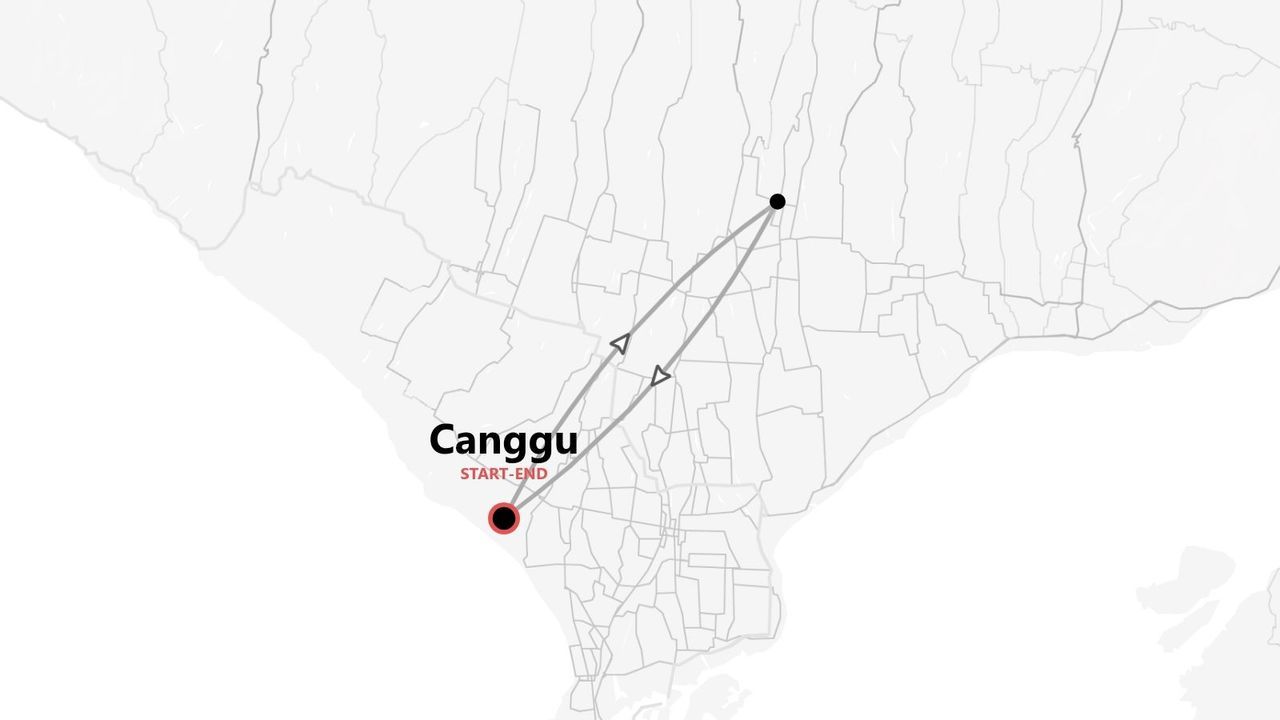 Mappa minimalista: itinerario di viaggio andata e ritorno a Canggu.