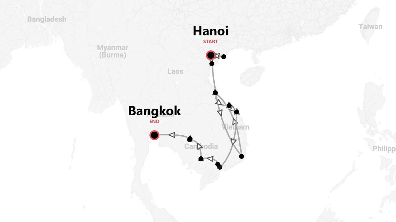Una mappa che mostra un itinerario di viaggio con partenza da Hanoi, Vietnam, attraverso la Cambogia e con arrivo a Bangkok, Thailandia.