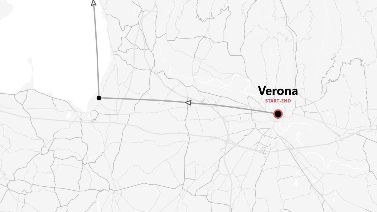 Mappa minimalista di un itinerario di viaggio con partenza e arrivo a Verona, contrassegnato da un punto rosso.