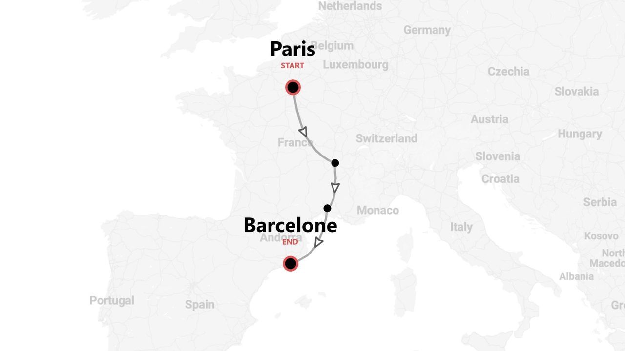 Une carte de l'Europe de l'Ouest montrant un itinéraire de voyage de Paris à Barcelone.