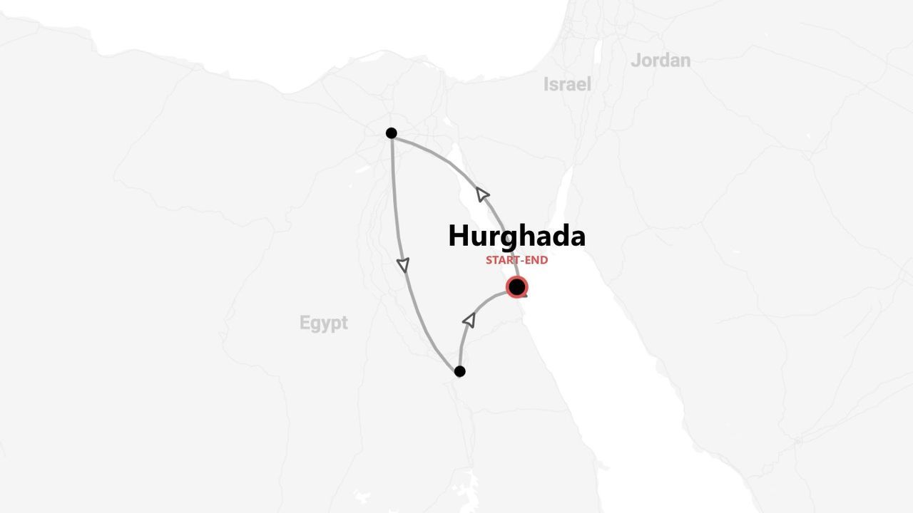 Mappa di un itinerario di viaggio in Egitto, con partenza e arrivo nella città di Hurghada.
