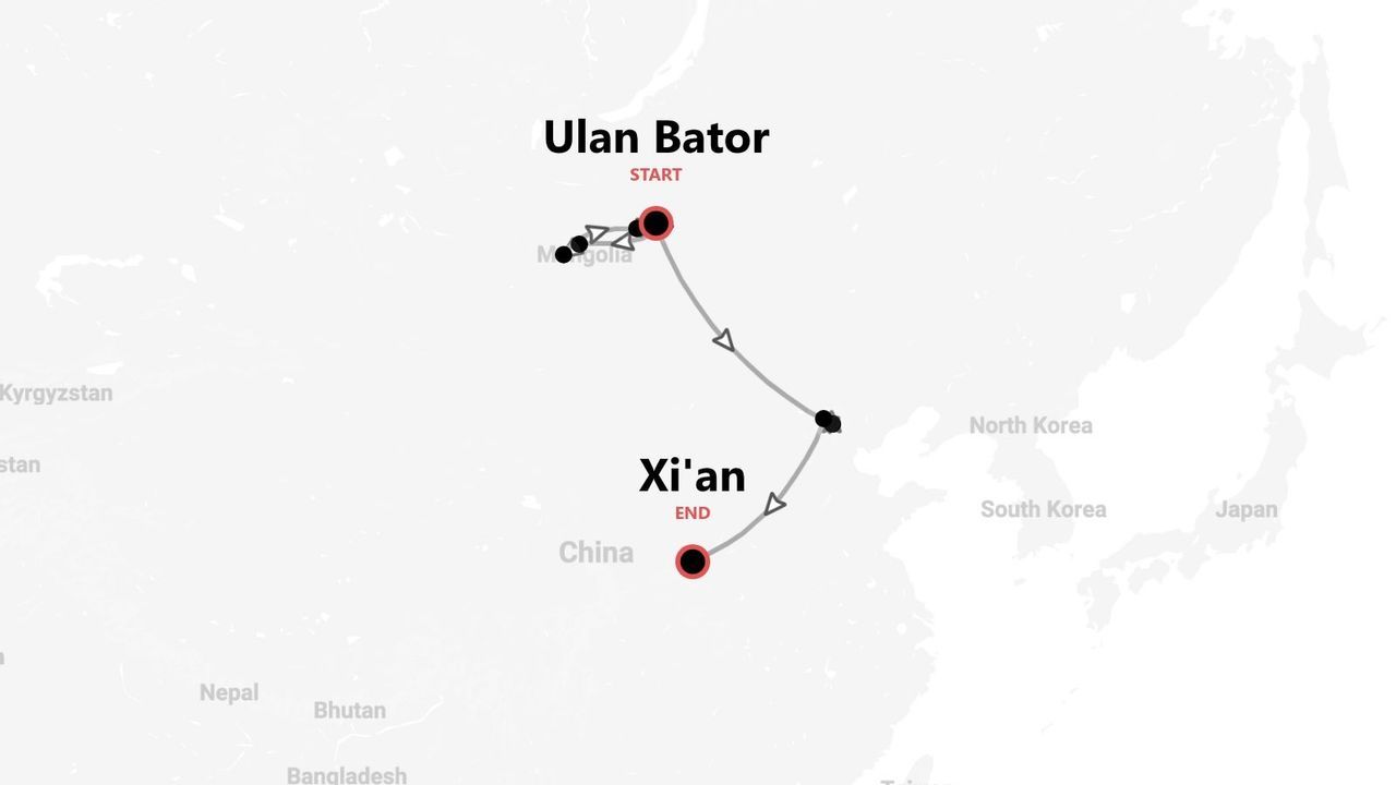 Mappa di un itinerario di viaggio con partenza da Ulan Bator, Mongolia, e arrivo a Xi'an, Cina, con il percorso tracciato attraverso entrambi i paesi.