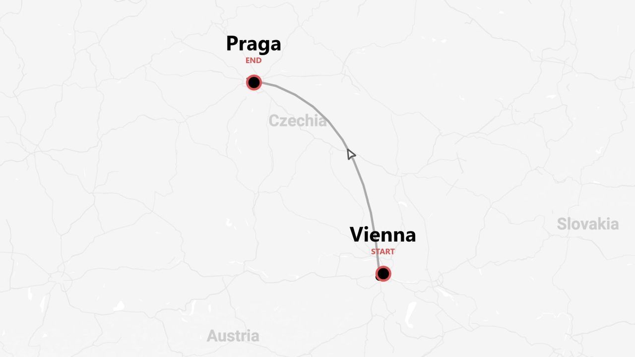 Mappa del percorso di viaggio da Vienna, Austria, a Praga, Cechia.