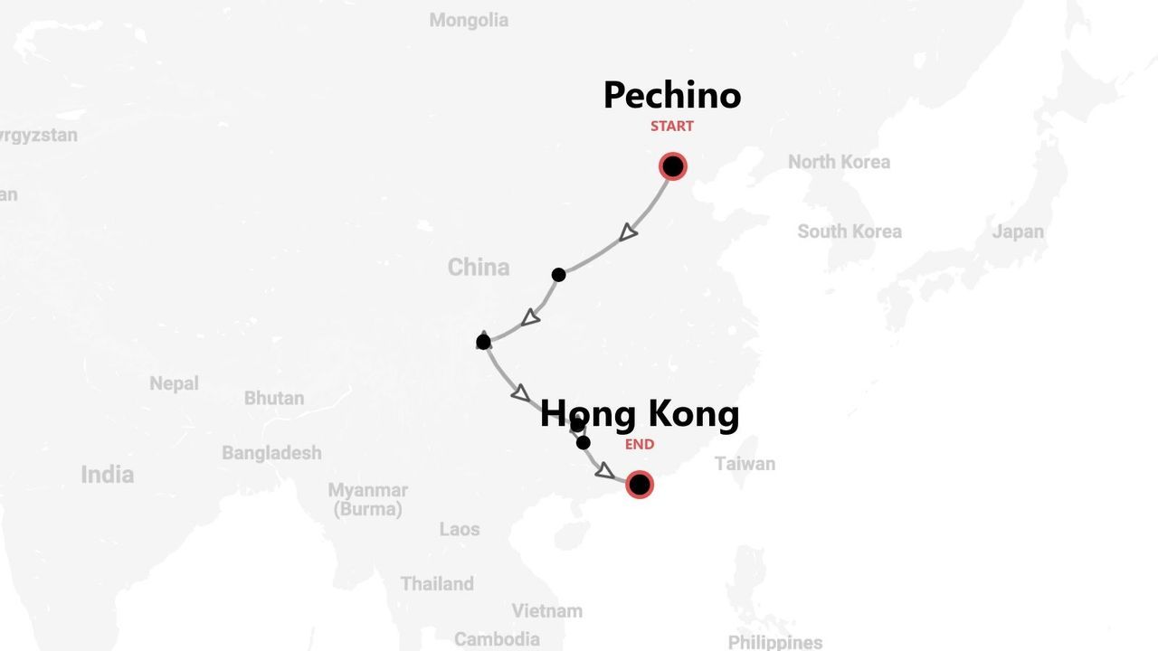 Mappa di un itinerario di viaggio in Cina, da Pechino a Hong Kong.