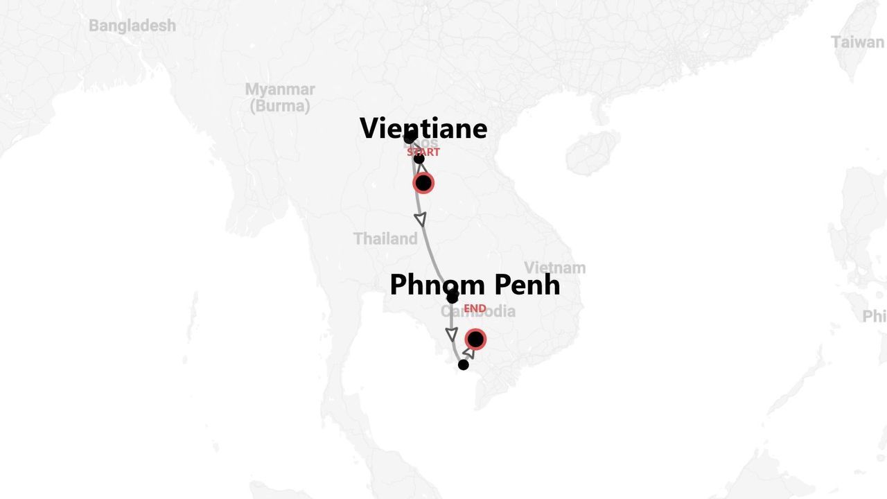 Una mappa che mostra un itinerario di viaggio da Vientiane in Laos a Phnom Penh in Cambogia, passando per la Thailandia.