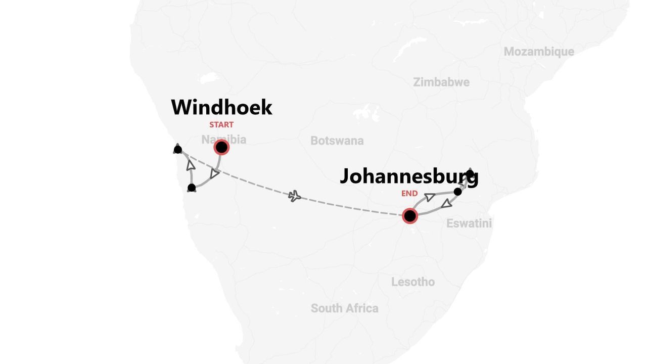 Una mappa di viaggio dell'Africa meridionale che mostra un percorso turistico da Windhoek, Namibia, a Johannesburg, Sudafrica.