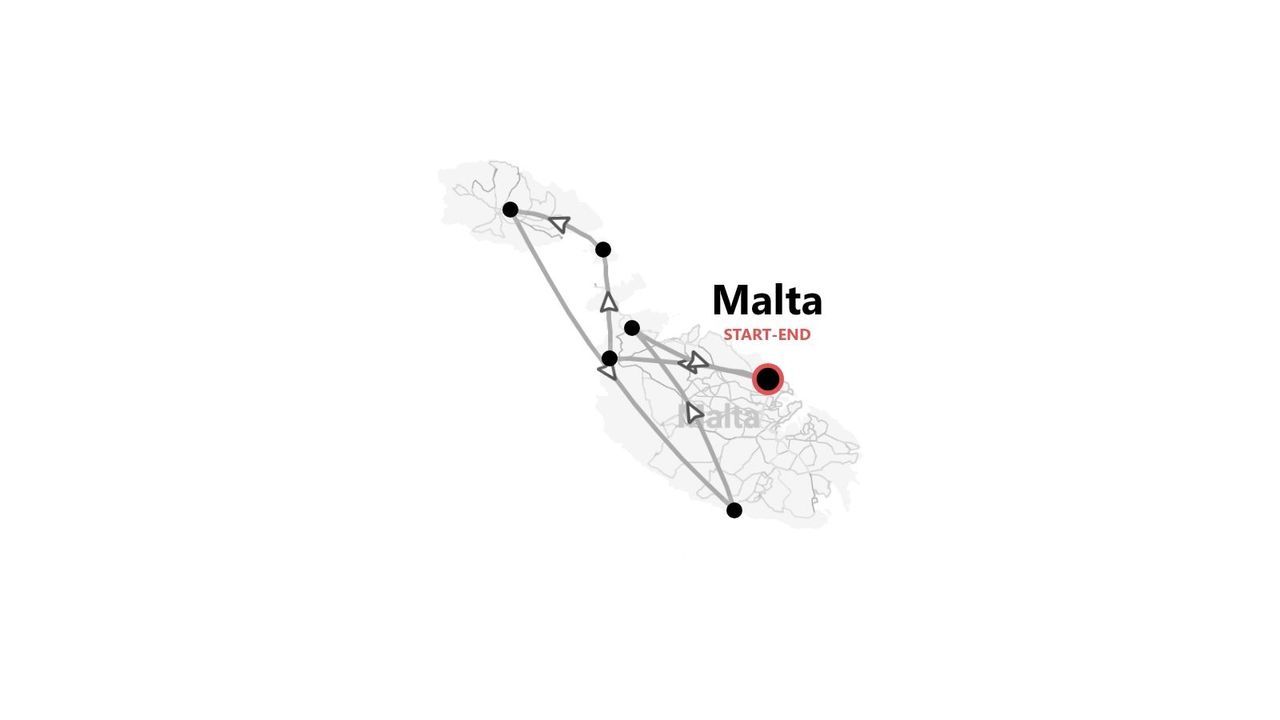 Mappa di Malta con itinerario di viaggio, percorso e punto di inizio-fine segnati sulle isole.