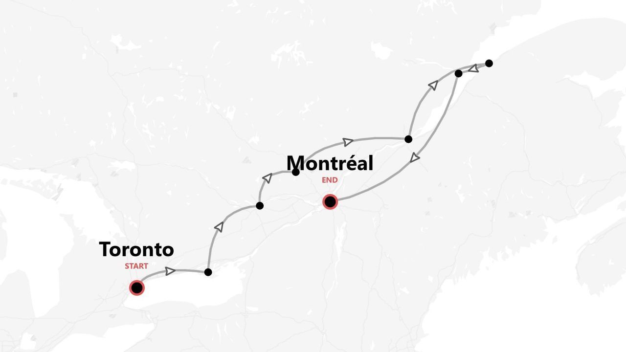 Mappa stilizzata di un itinerario di viaggio da Toronto a Montréal, con il percorso evidenziato.