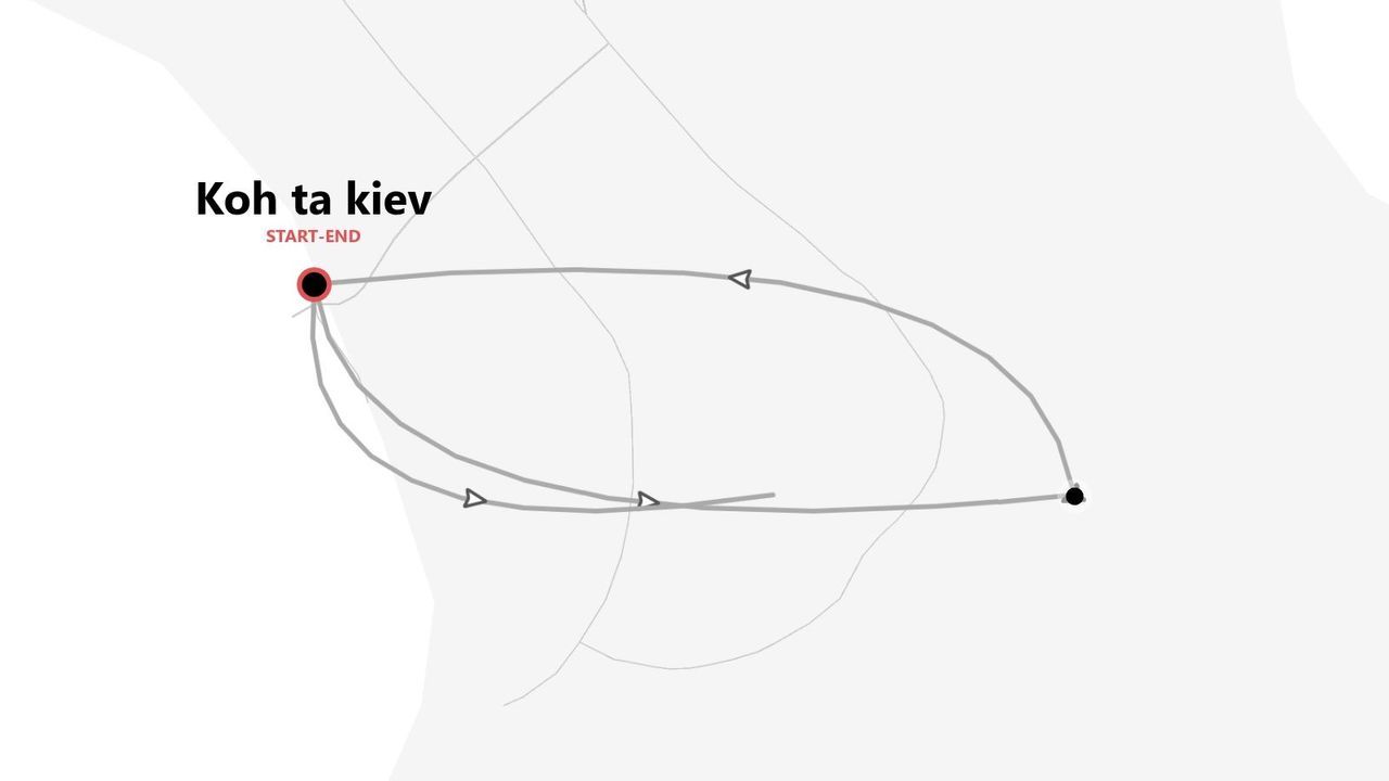 Une carte minimaliste montrant un itinéraire de voyage sur l'île de Koh Ta Kiev, avec un point de départ et d'arrivée marqués.